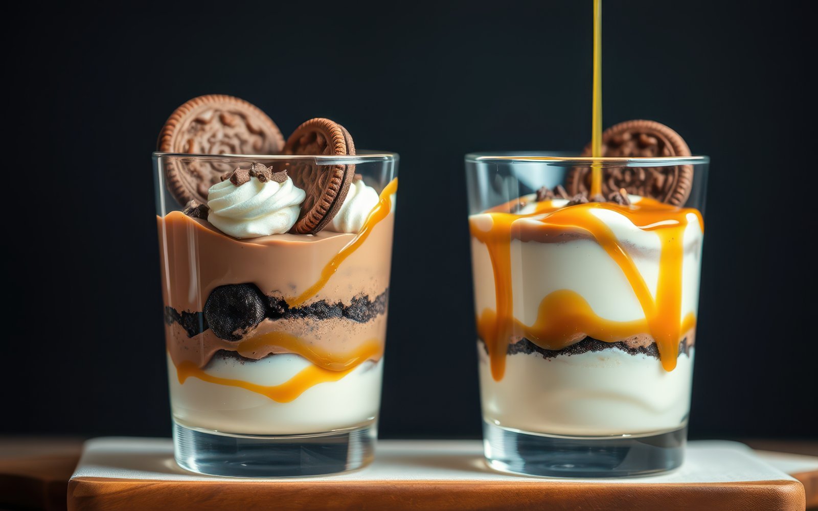 Two chocolate and caramel desserts are ready to be enjoyed